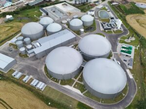 Biometanownia w Głąbowie, zbiorniki fermentacyjne z lotu ptaka – realizacja PROEKO BIOGAS